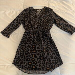 LOFT Petite Drawstring Leopard Animal Print Dress 3/4 Sleeve Size XXSP